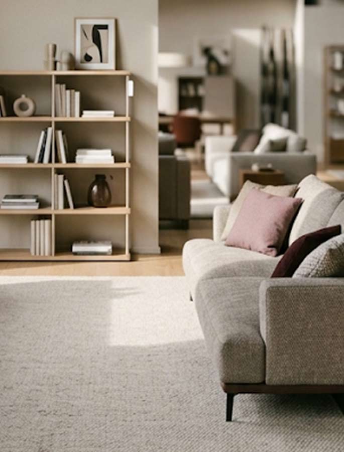 Ambiente arredato Hartè con divano e libreria